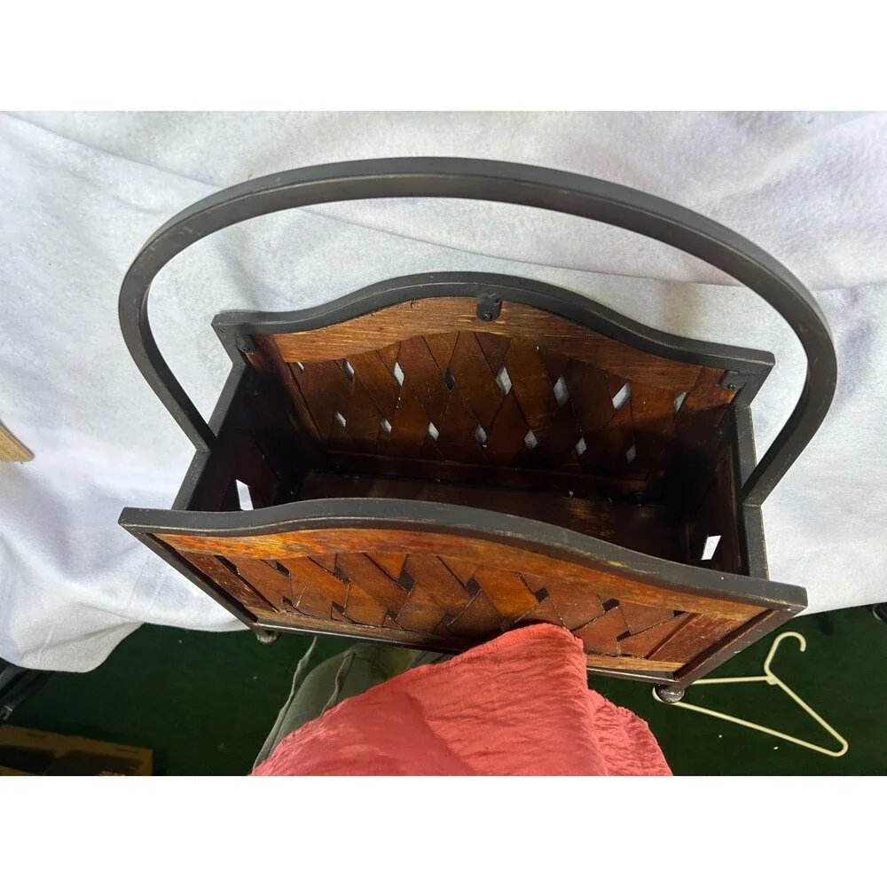 Rustic Wood & Metal Magazine Rack Holder Basket Woven Slat Farmhouse Organizer